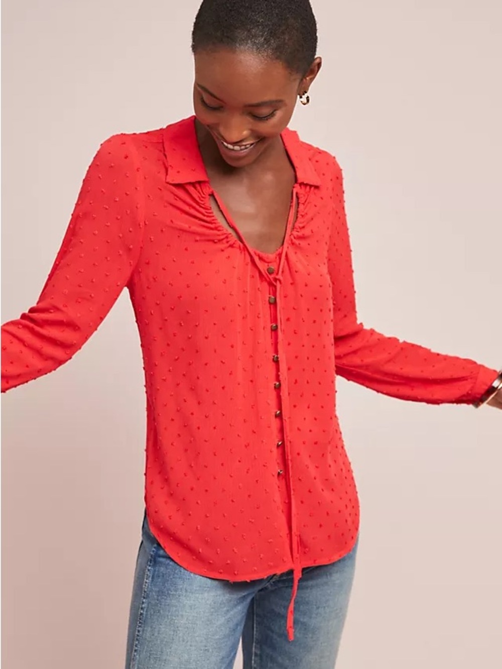 Anthropologie Red Swiss Dot Tie-Neck Blouse